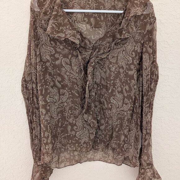Vintage Sheer Paisley Whimsical Bell Sleeved Retro Button Up Blouse - Picture 2 of 6